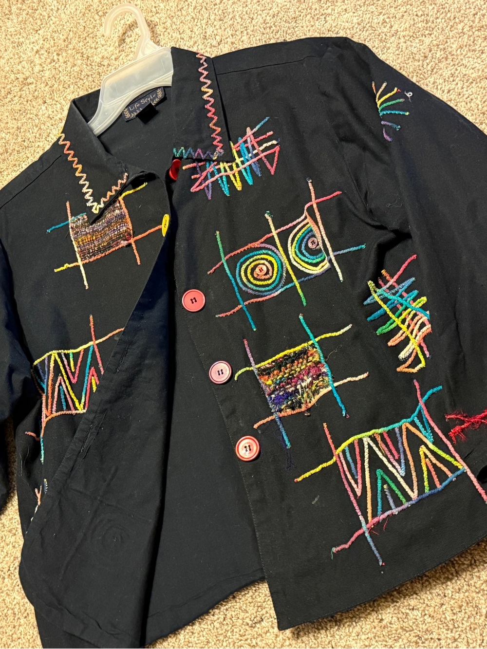 Black Embroidered Button-Front ladies jacket with Multicolor Stitching